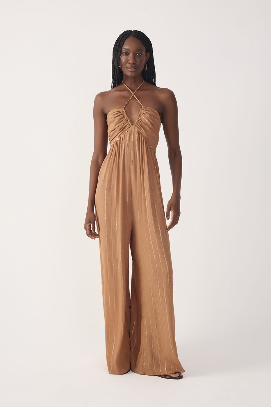 Beige Ruched Cross-Neck Lurex Jumpsuit_2