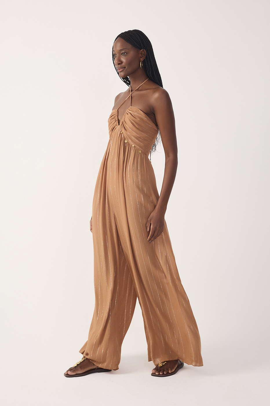 Beige Ruched Cross-Neck Lurex Jumpsuit_3