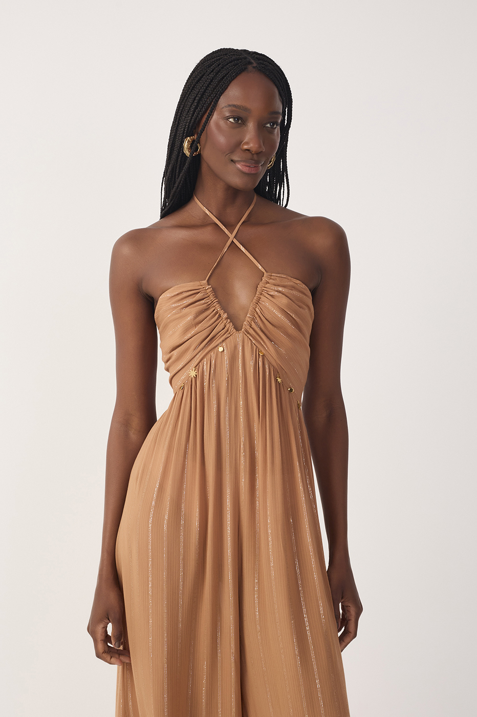 Beige Ruched Cross-Neck Lurex Jumpsuit_4
