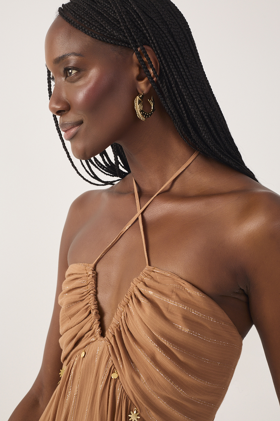 Beige Ruched Cross-Neck Lurex Jumpsuit_5