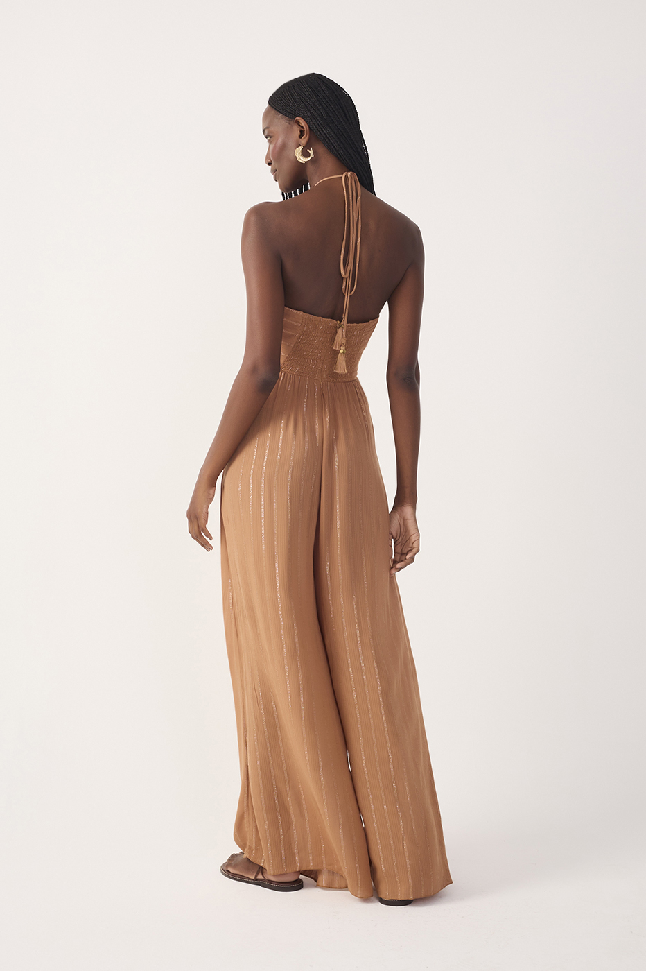 Beige Ruched Cross-Neck Lurex Jumpsuit_6