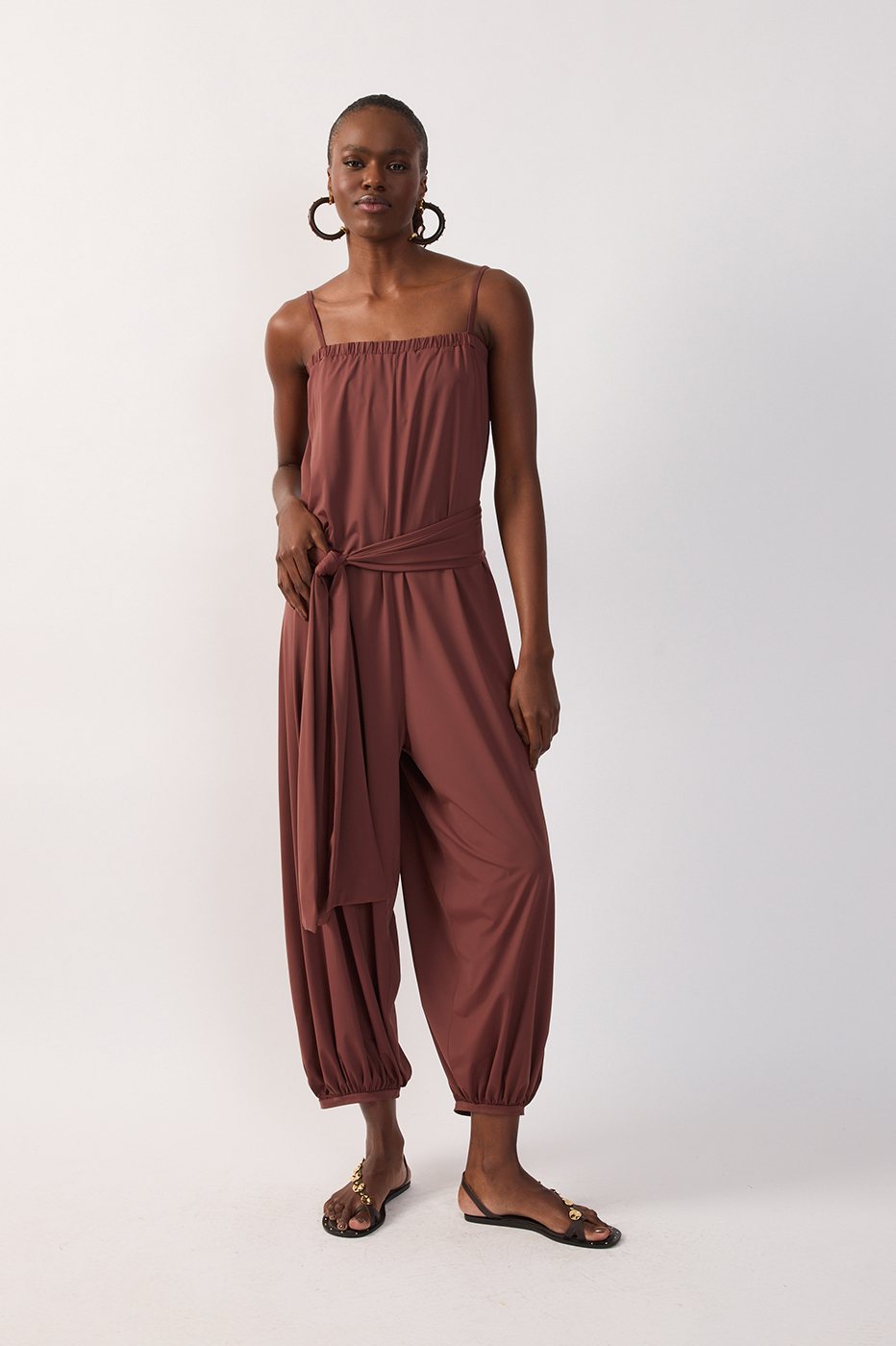 Brown Belted Balloon Jersey Jumpsuit_2