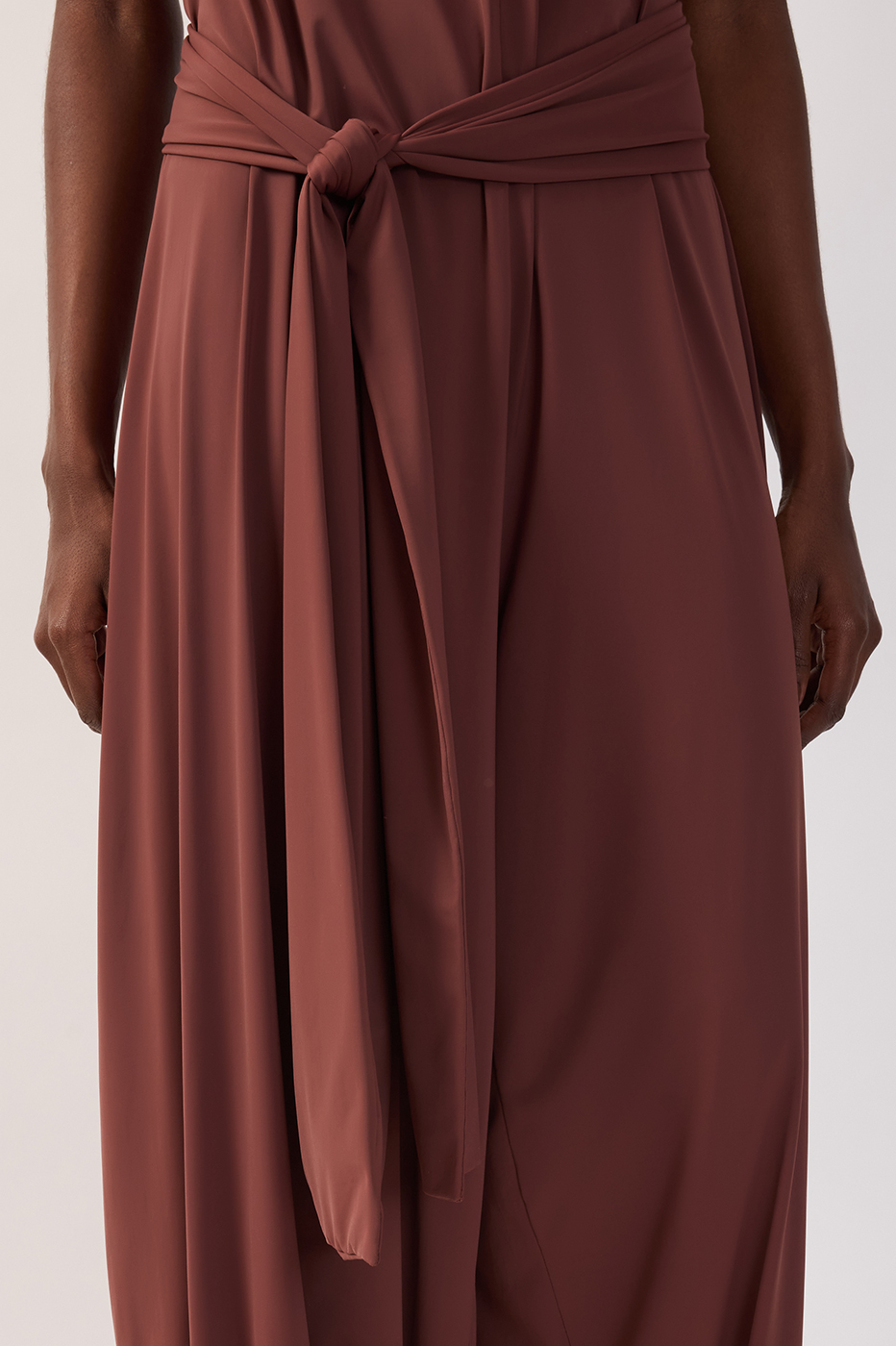 Brown Terra Square Neck Belted Balloon Jersey Jumpsuit_5