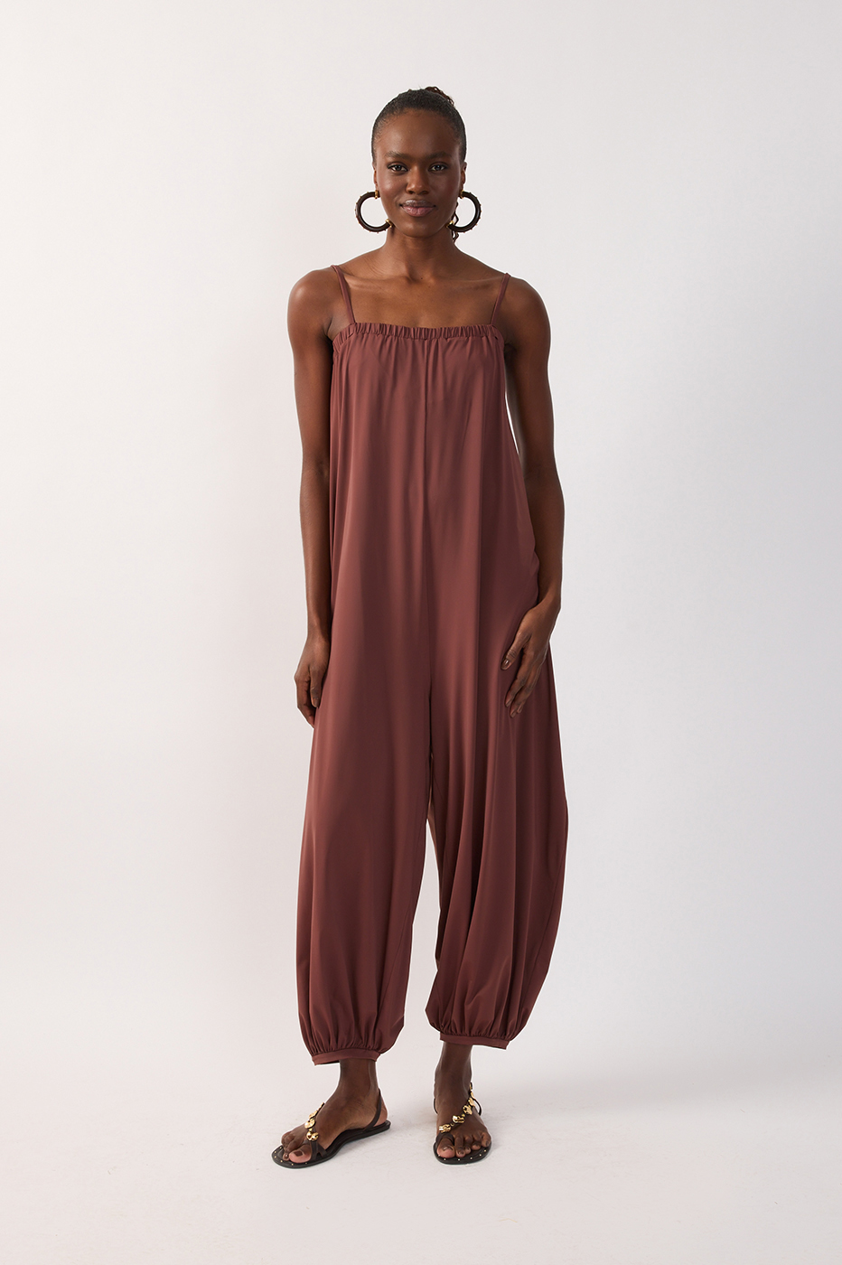 Brown Terra Square Neck Belted Balloon Jersey Jumpsuit_6