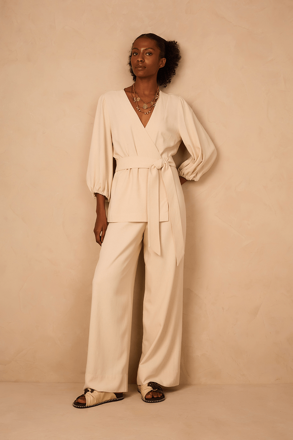 Off-White V Neck Kimono Style Wrap Jumpsuit