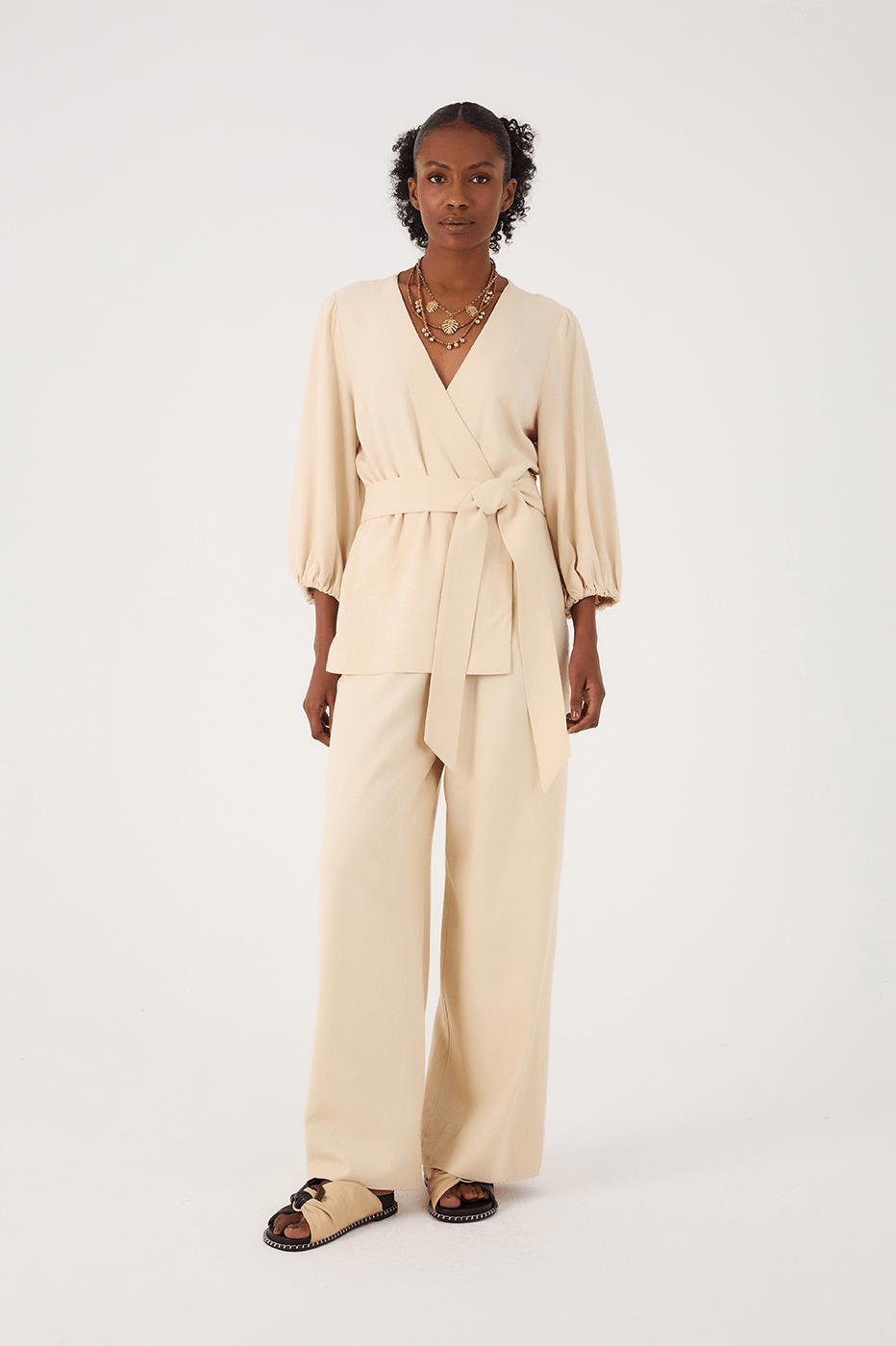 Off-White V Neck Kimono Style Wrap Jumpsuit