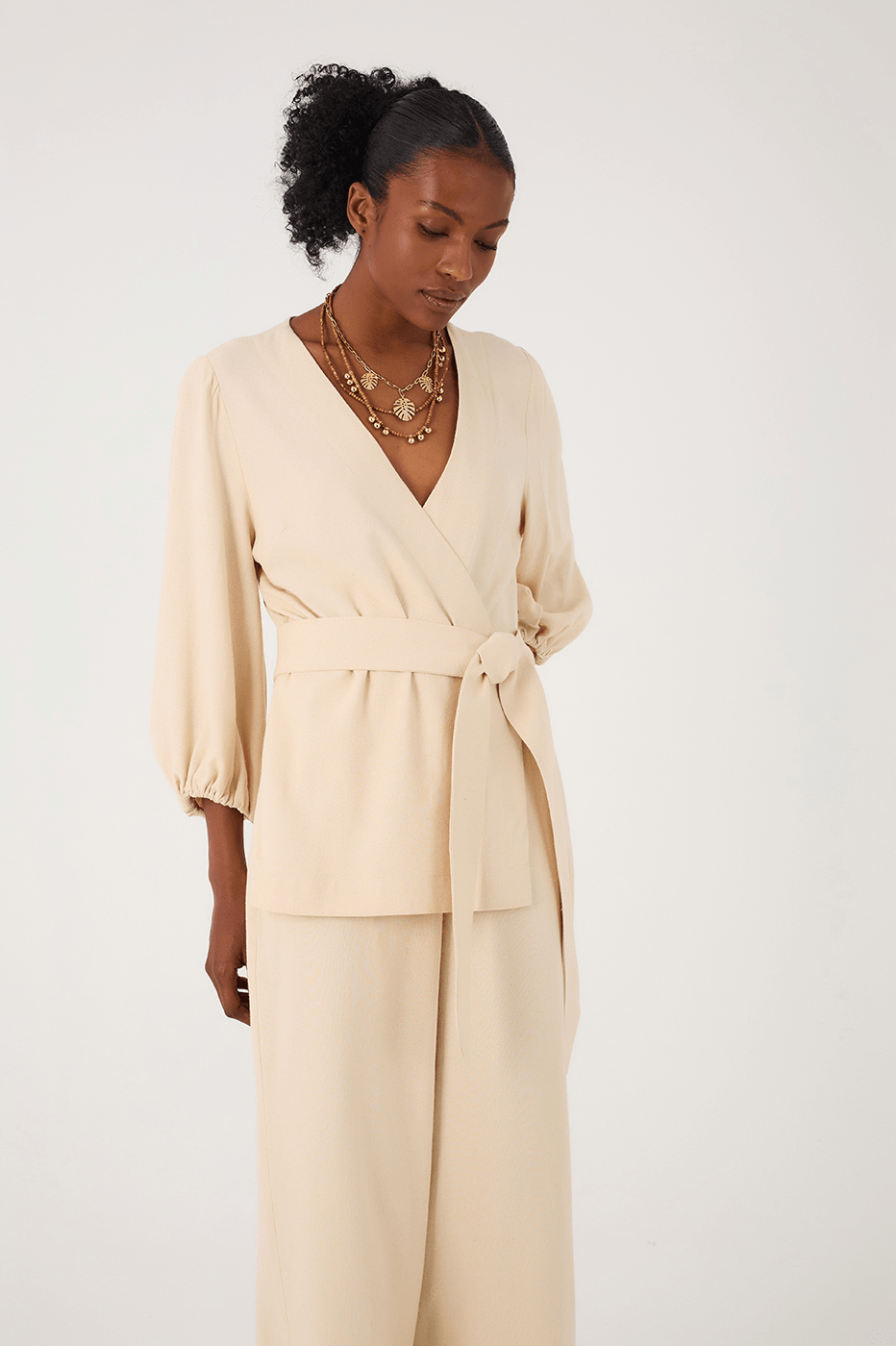 Off-White V Neck Kimono Style Wrap Jumpsuit