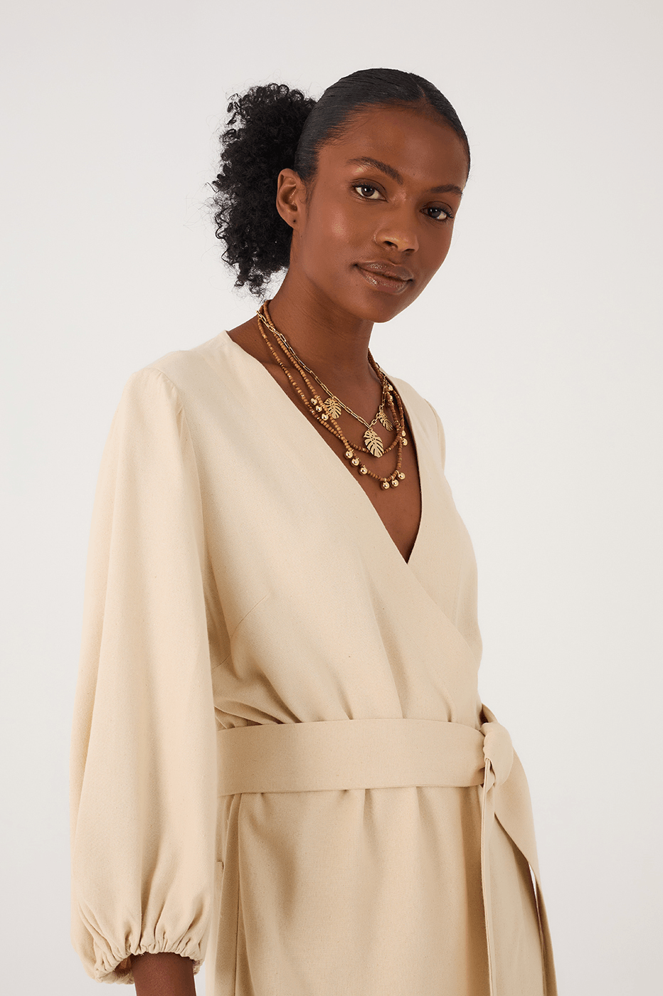 Off-White V Neck Kimono Style Wrap Jumpsuit in Off White