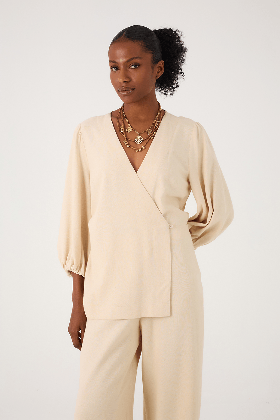 Off-White V Neck Kimono Style Wrap Jumpsuit