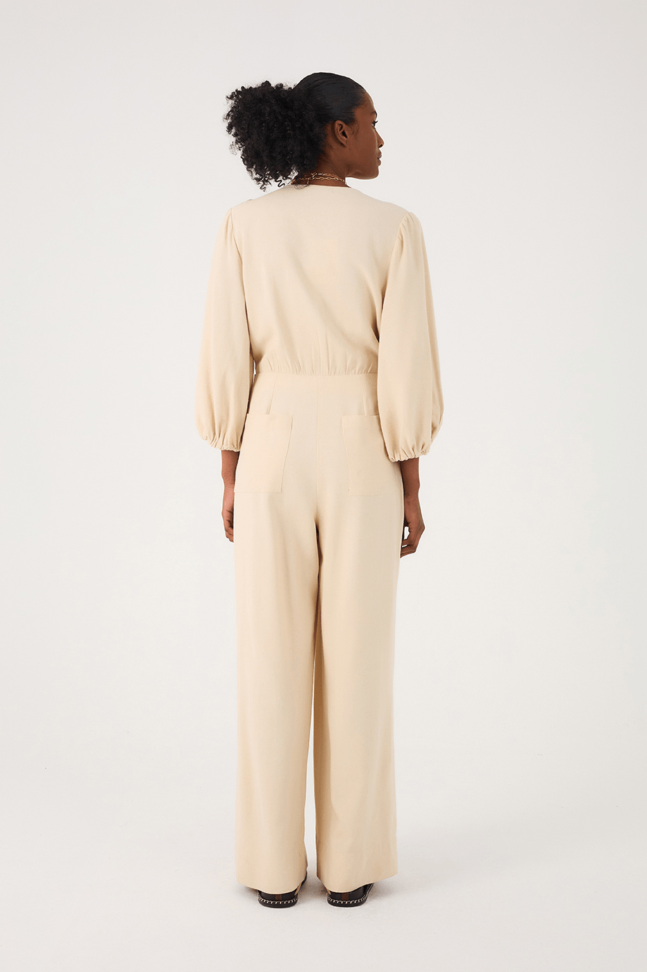 Off-White V Neck Kimono Style Wrap Jumpsuit
