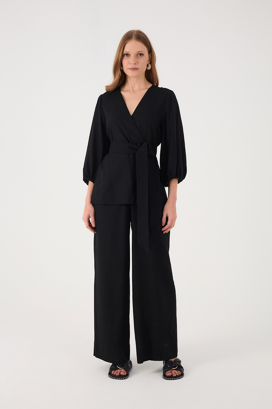 Black V Neck Kimono Style Wrap Jumpsuit