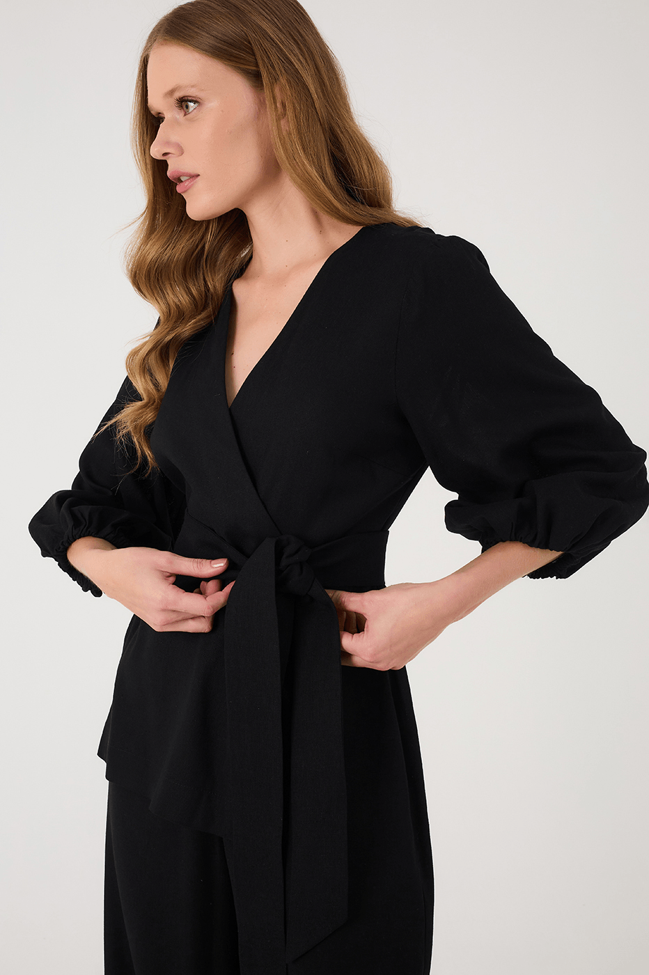 Black V Neck Kimono Style Wrap Jumpsuit