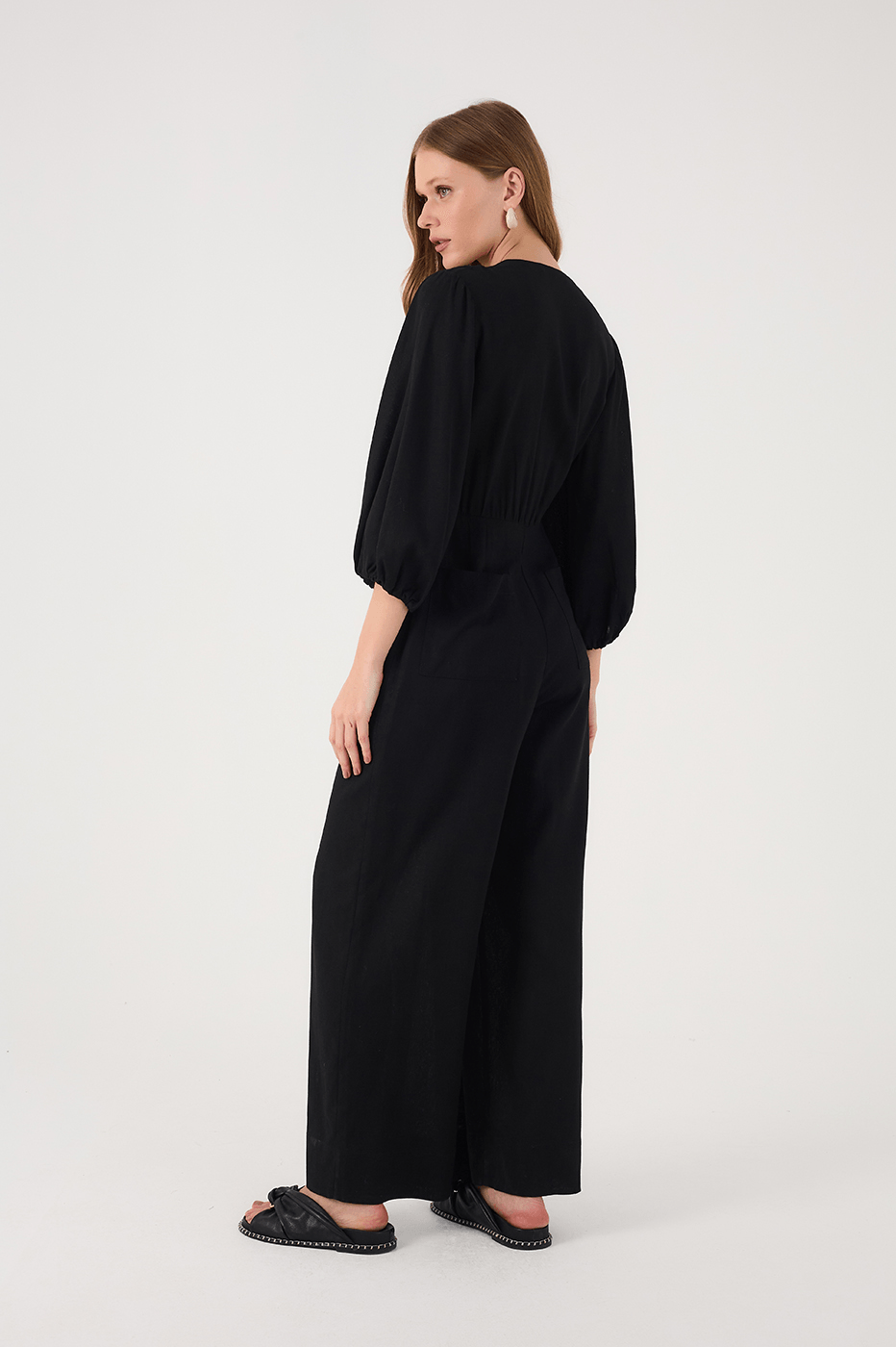 Black V Neck Kimono Style Wrap Jumpsuit