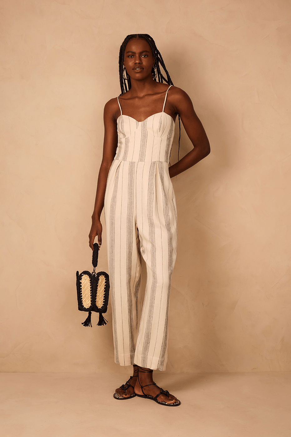Sand Stripes Sweetheart Neckline Pleats Side Pockets Jumpsuit