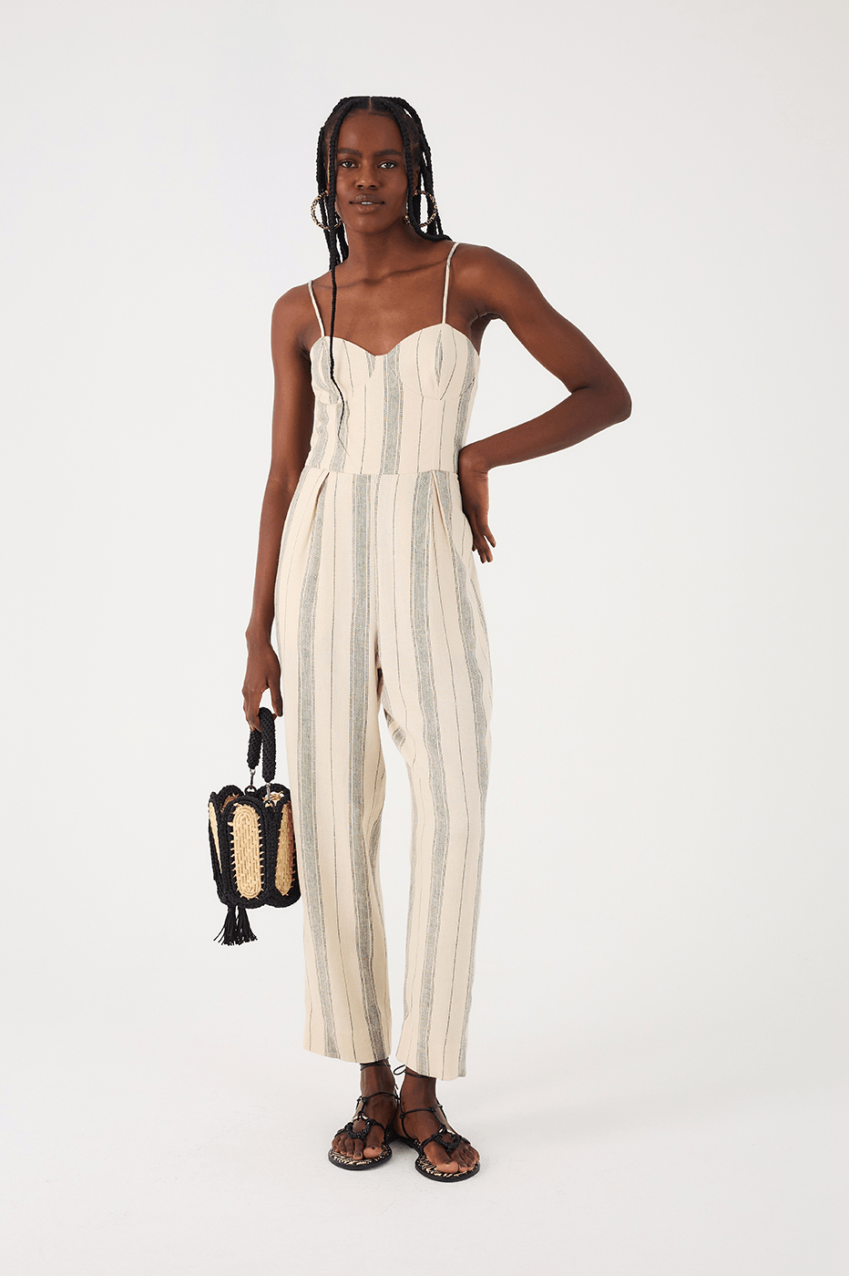 Sand Stripes Sweetheart Neckline Pleats Side Pockets Jumpsuit