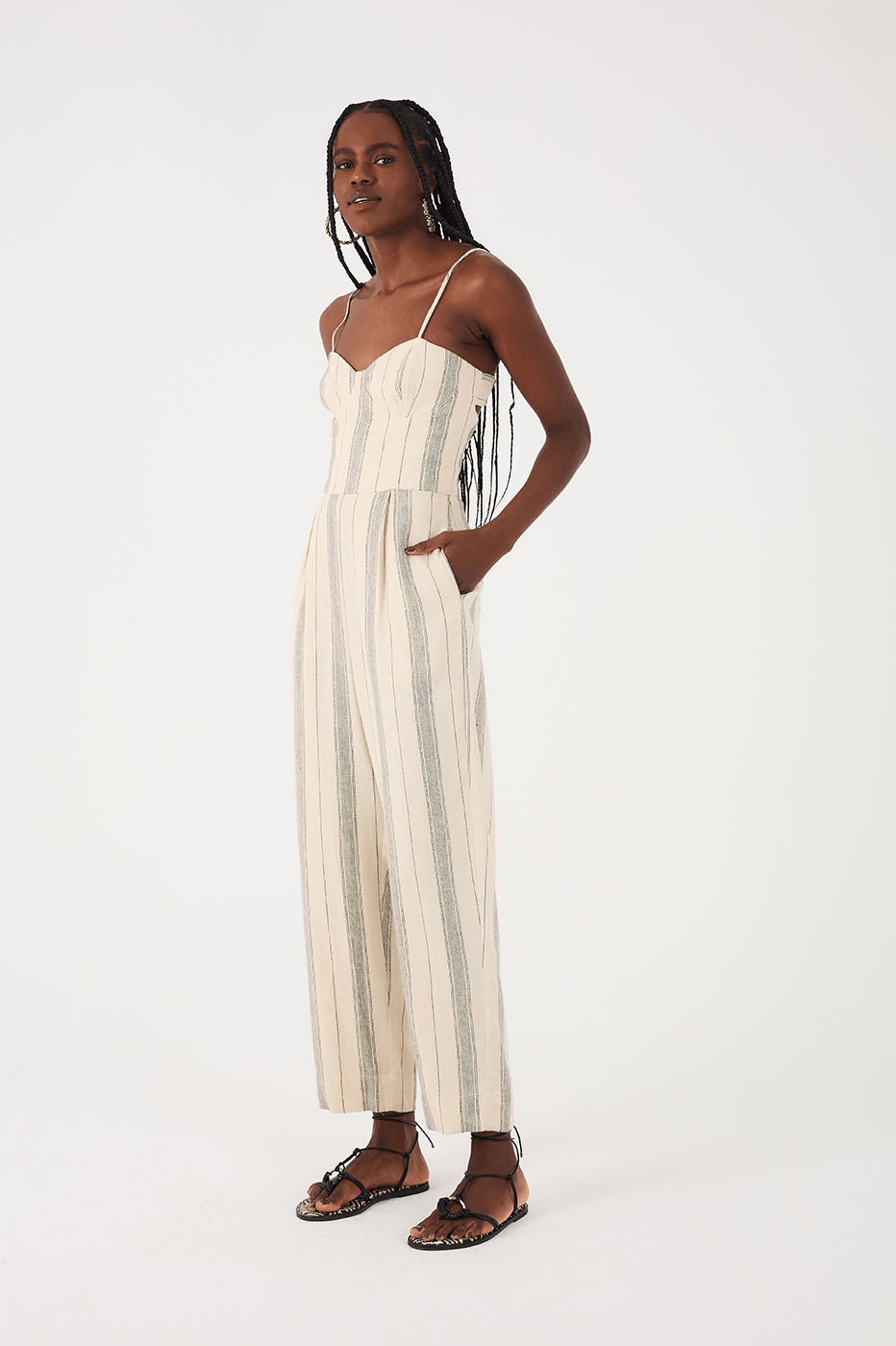 Sand Stripes Sweetheart Neckline Pleats Side Pockets Jumpsuit