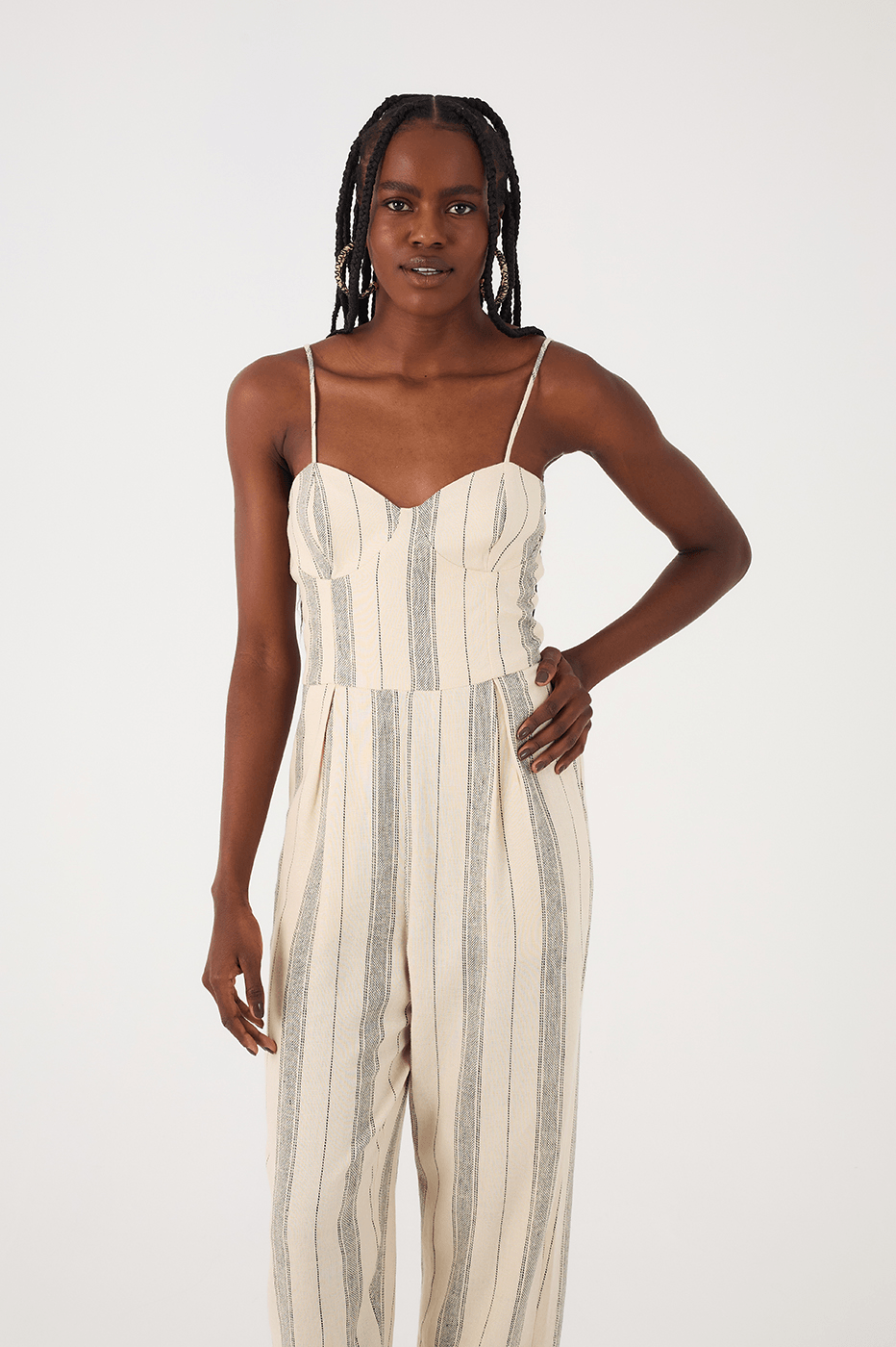 Sand Stripes Sweetheart Neckline Pleats Side Pockets Jumpsuit