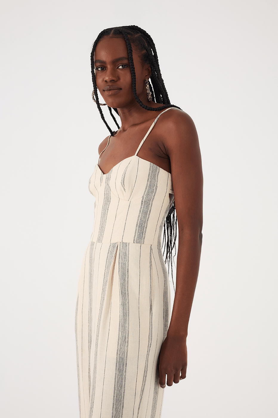 Sand Stripes Sweetheart Neckline Pleats Side Pockets Jumpsuit
