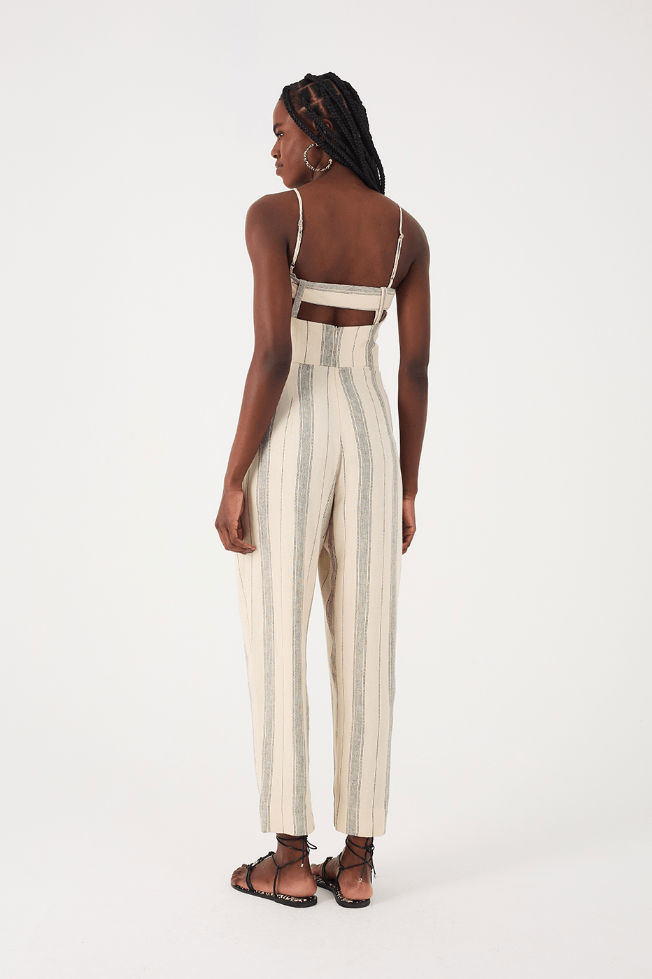 Sand Stripes Sweetheart Neckline Pleats Side Pockets Jumpsuit