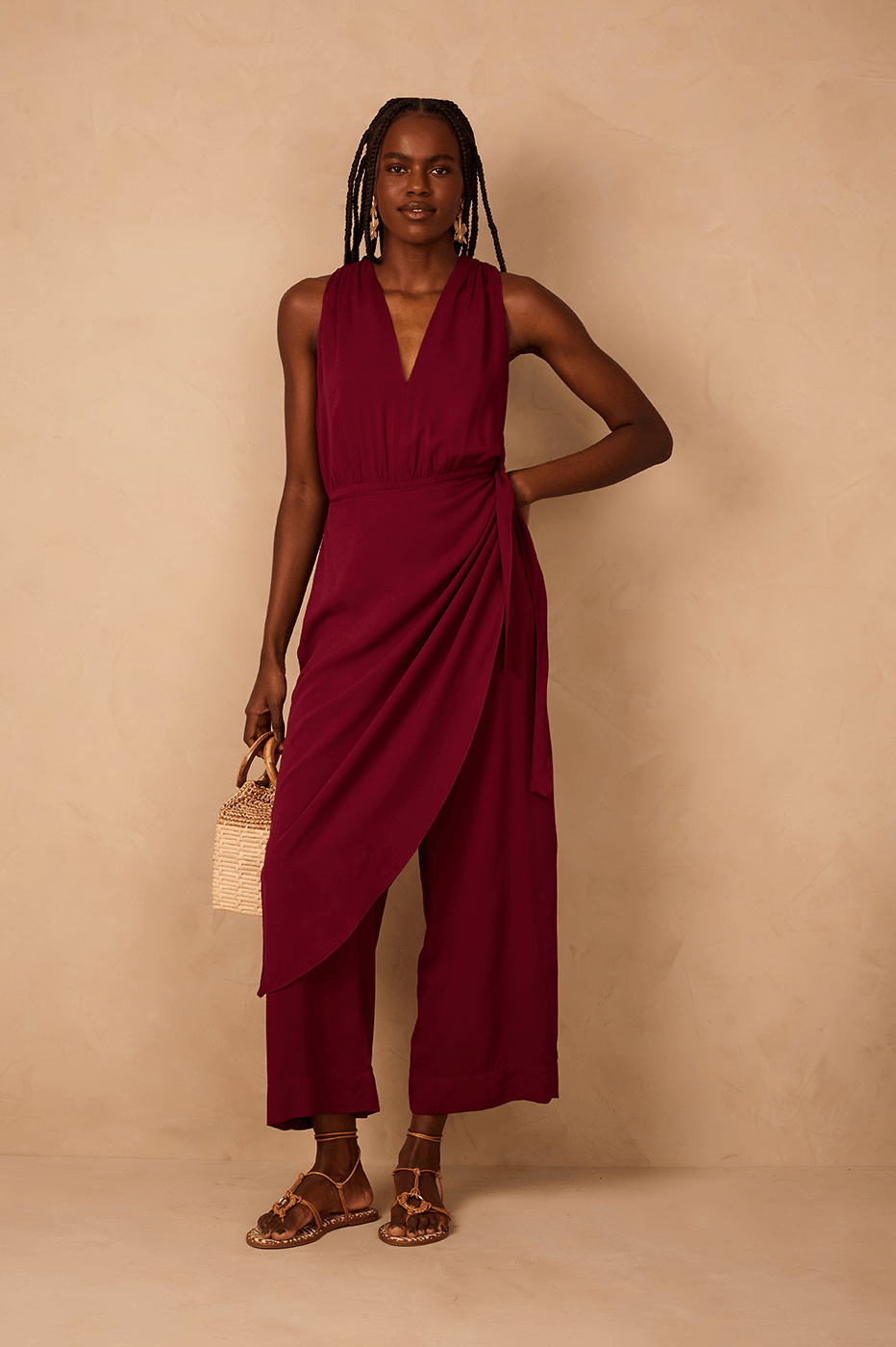Wine Bossa Draped V Neck Wrap Crepe Jumpsuit