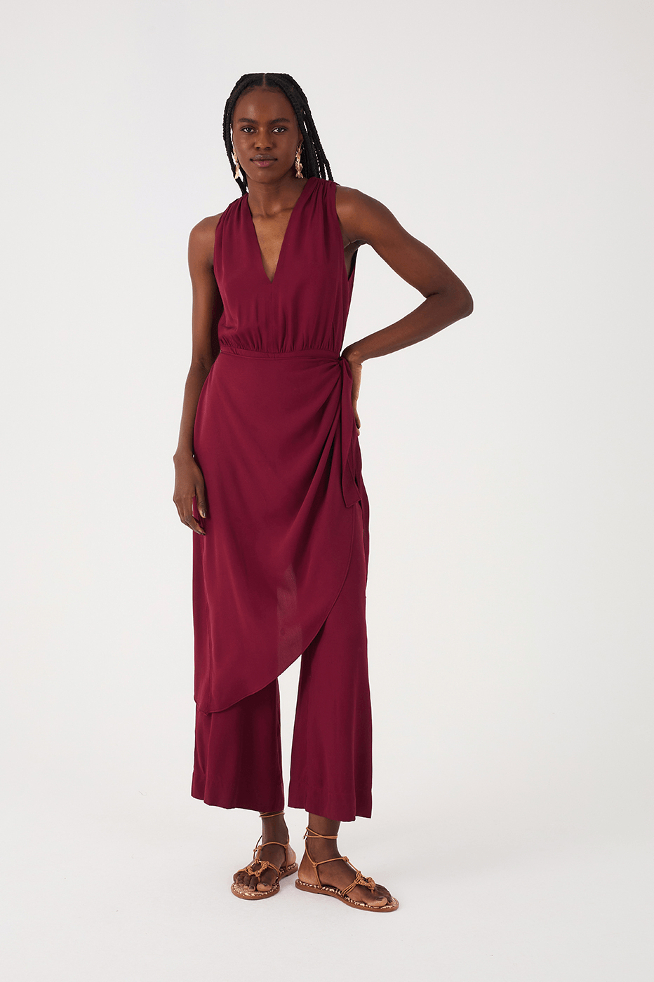 Wine Bossa Draped V Neck Wrap Crepe Jumpsuit