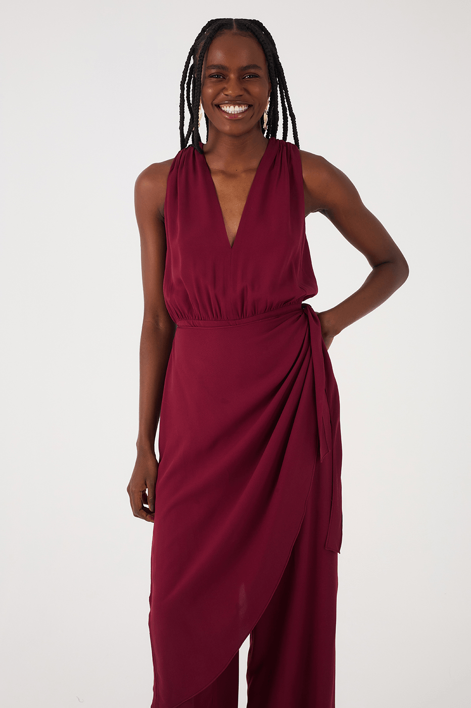 Wine Bossa Draped V Neck Wrap Crepe Jumpsuit