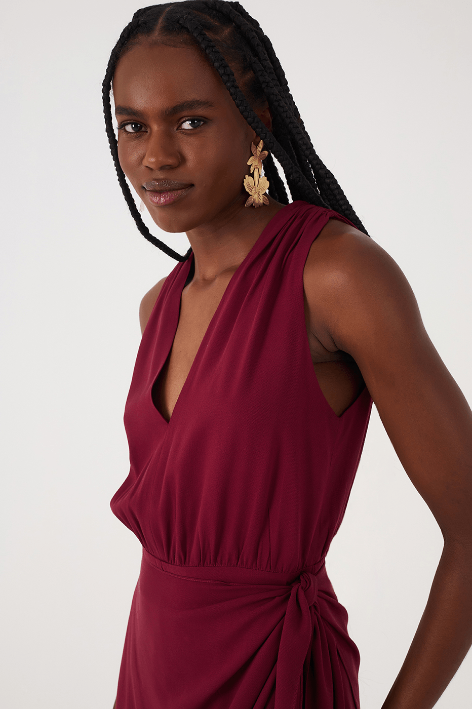 Wine Bossa Draped V Neck Wrap Crepe Jumpsuit