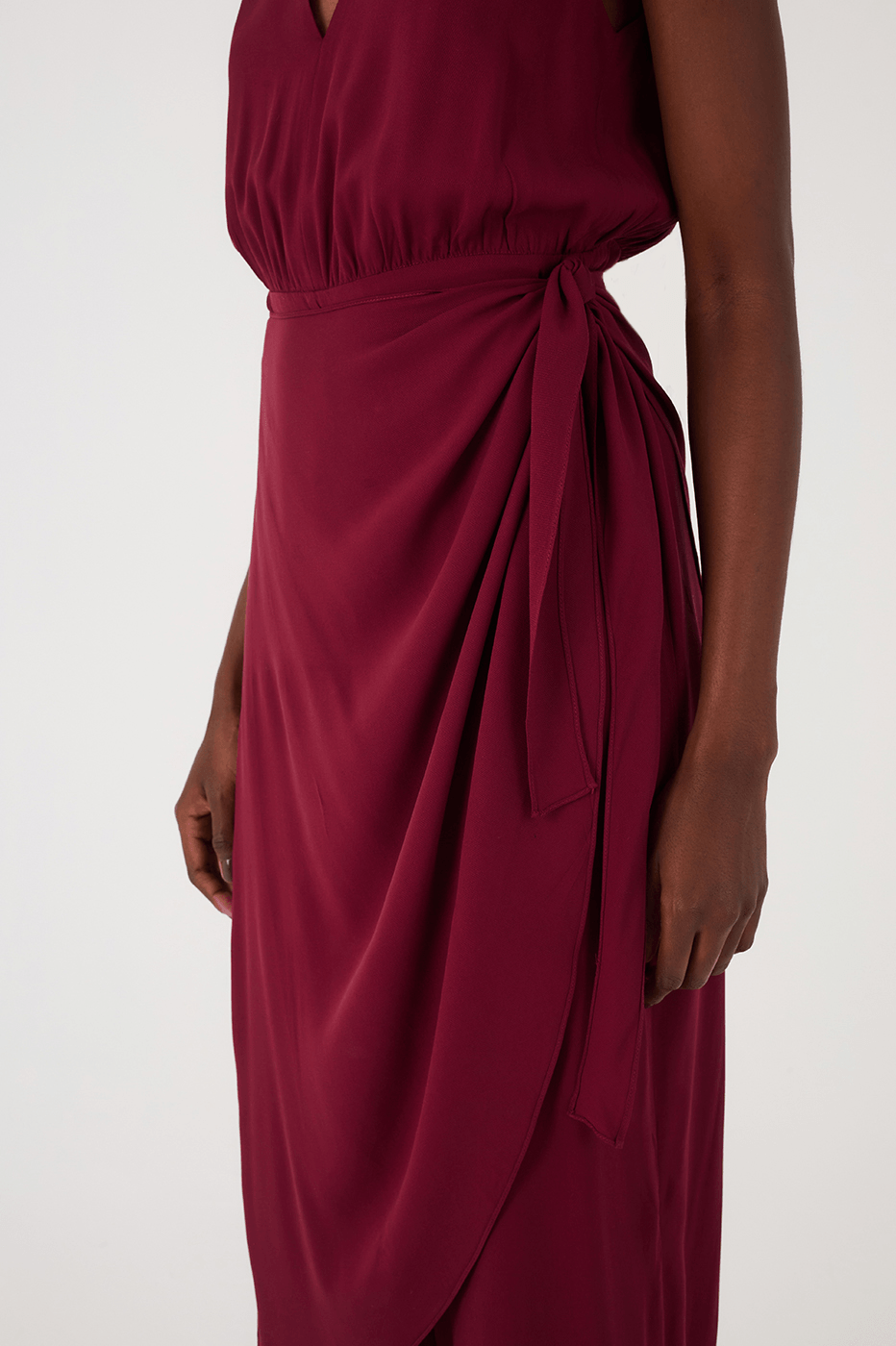 Wine Bossa Draped V Neck Wrap Crepe Jumpsuit