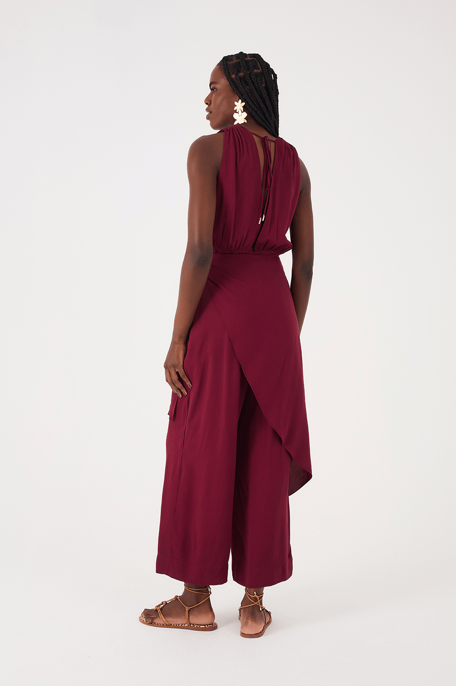 Wine Bossa Draped V Neck Wrap Crepe Jumpsuit