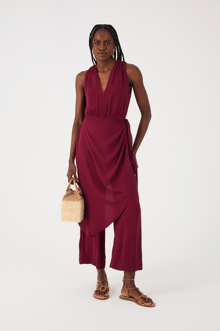 Wine Bossa Draped V Neck Wrap Crepe Jumpsuit
