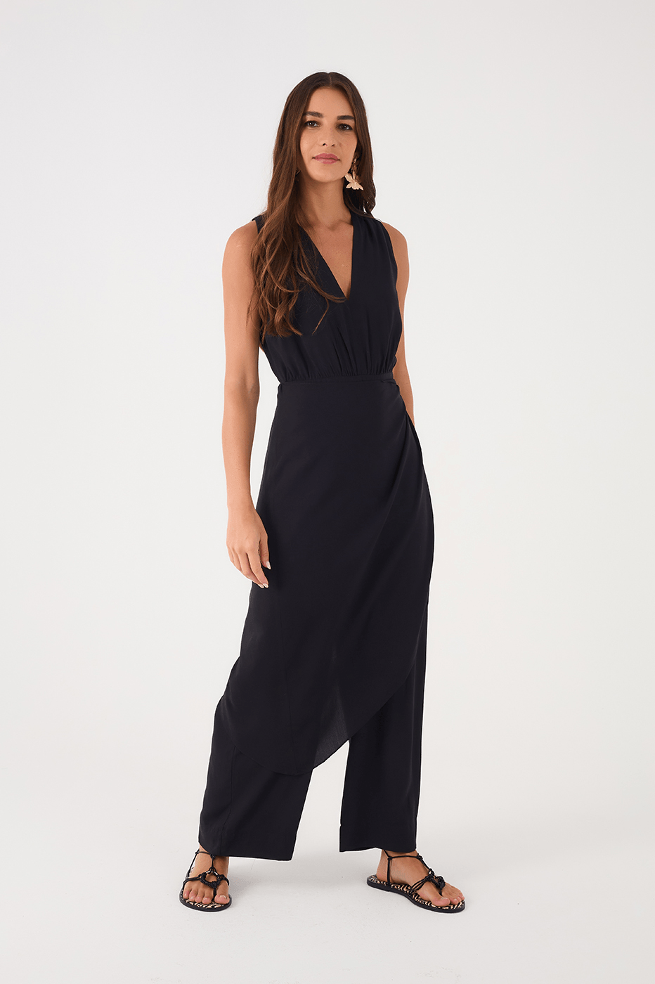 Black Draped V Neck Wrap Crepe Jumpsuit