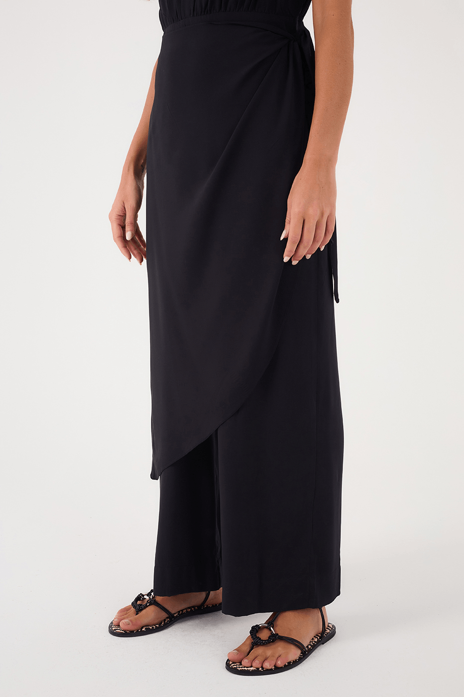 Black Draped V Neck Wrap Crepe Jumpsuit