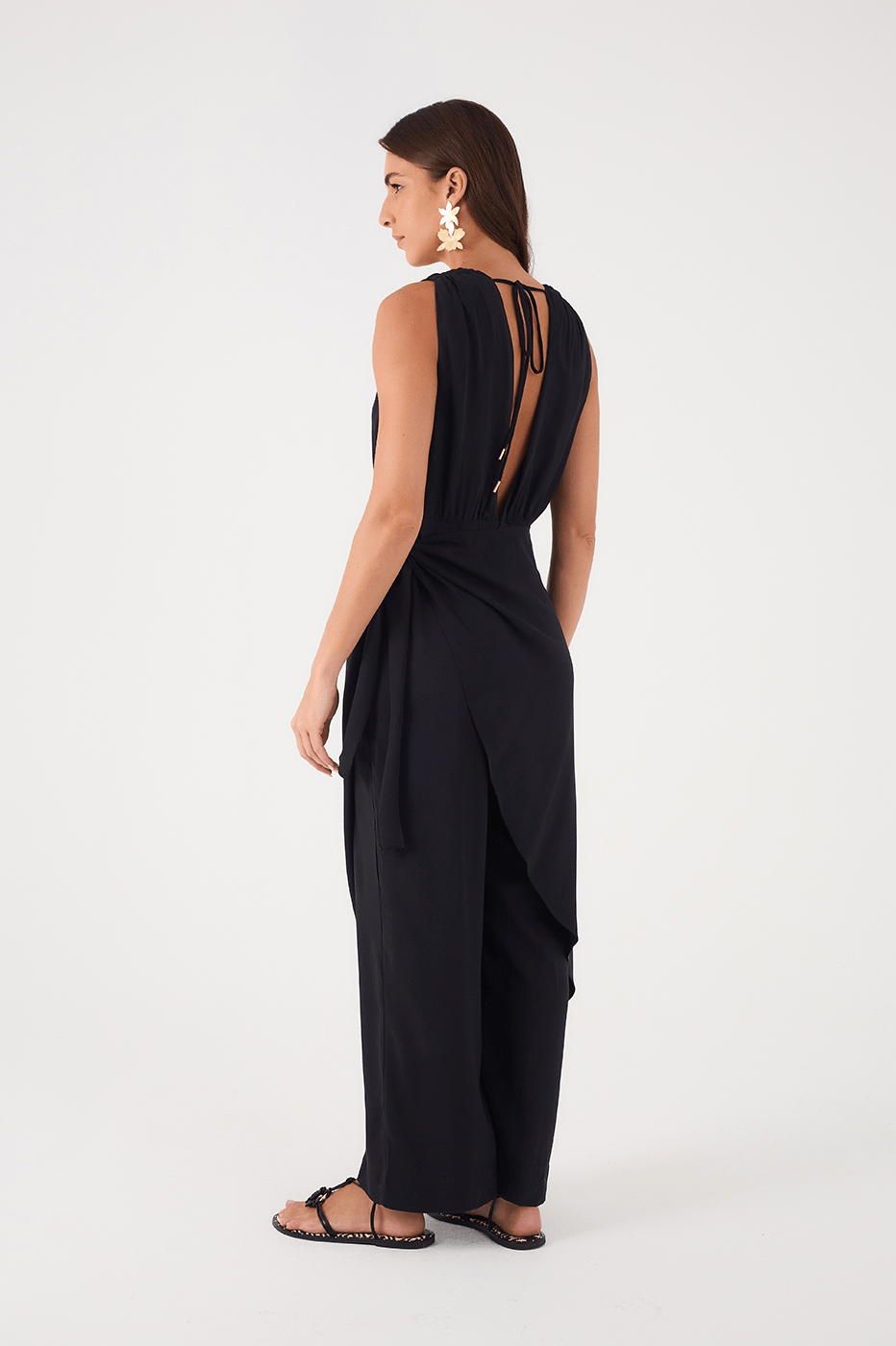 Black Draped V Neck Wrap Crepe Jumpsuit