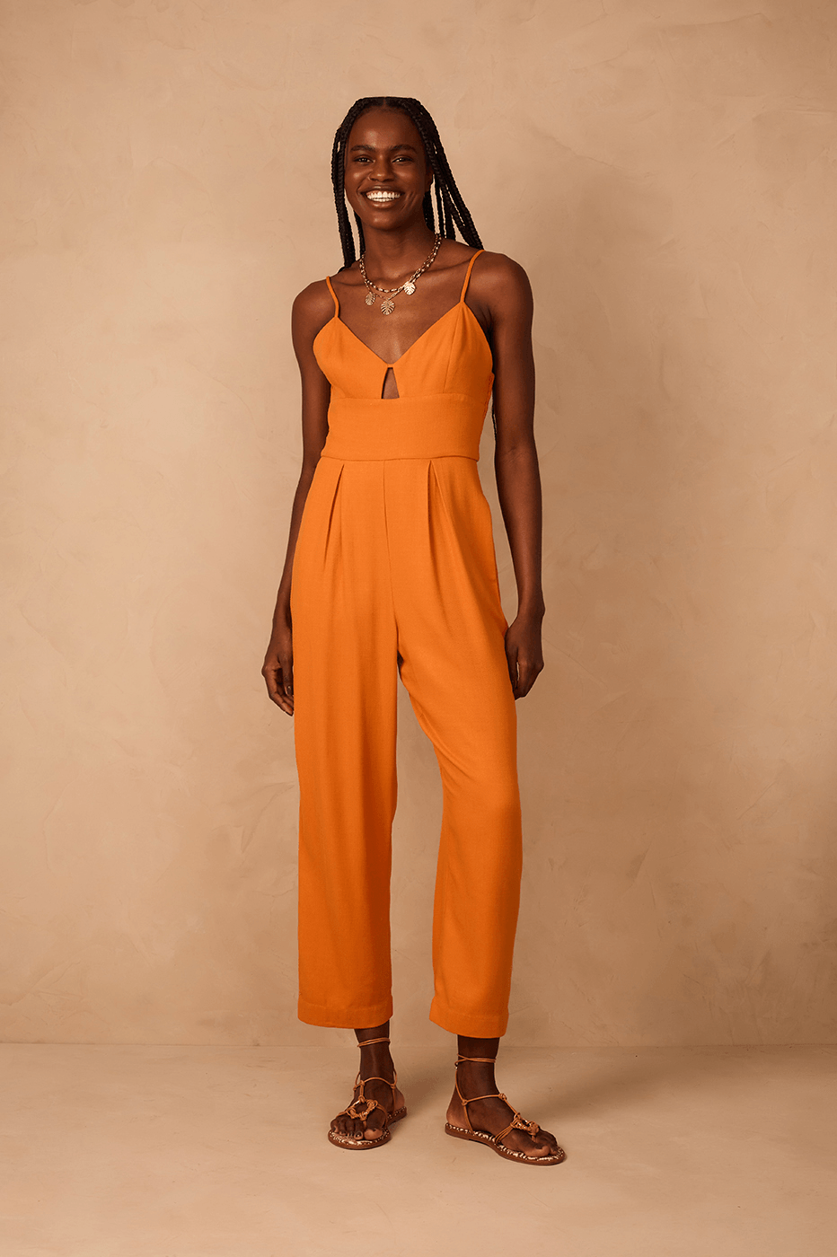 Orange Samba Sweetheart Neck Smocked Side Sleeveless Jumpsuit