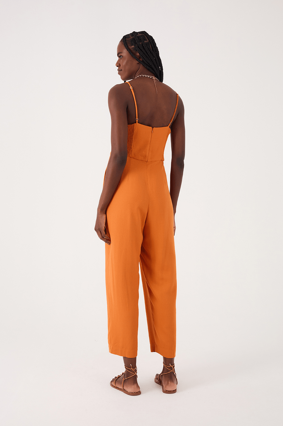 Orange Samba Sweetheart Neck Smocked Side Sleeveless Jumpsuit
