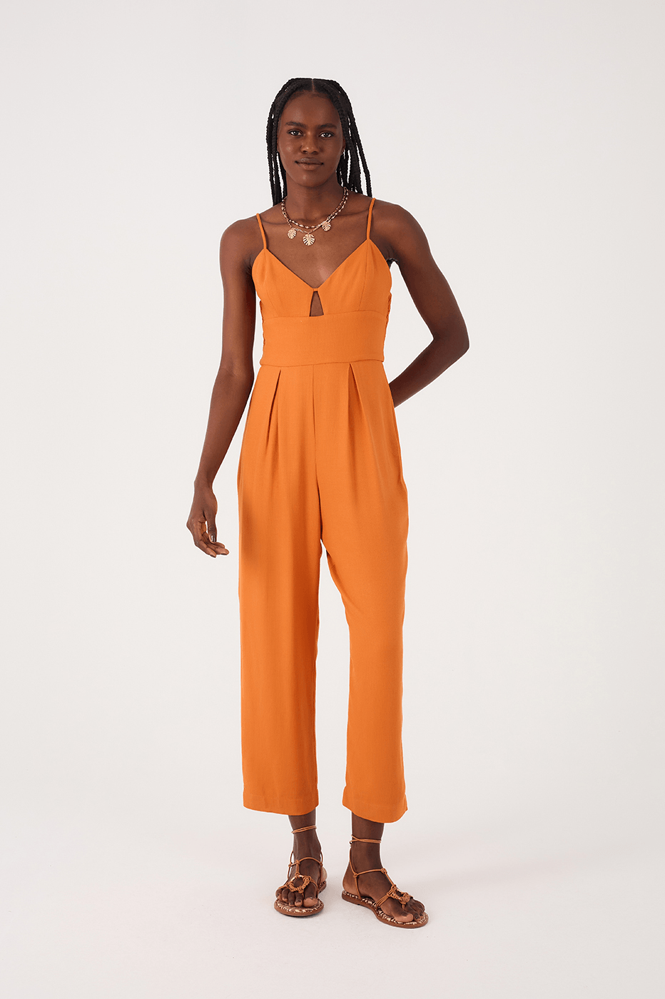 Orange Samba Sweetheart Neck Smocked Side Sleeveless Jumpsuit