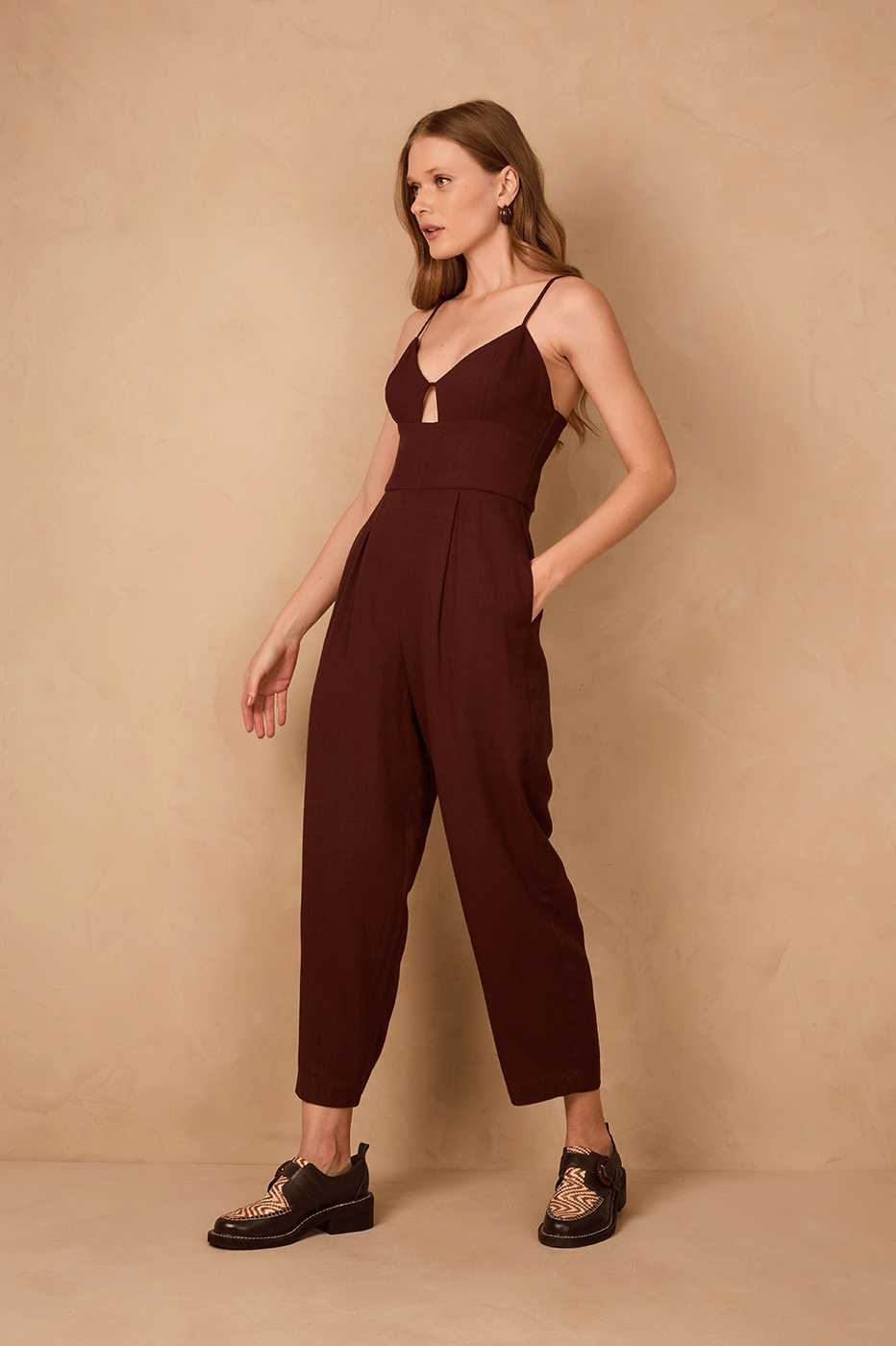 Brown Caffeine Sweetheart Neck Smocked Side Sleeveless Jumpsuit