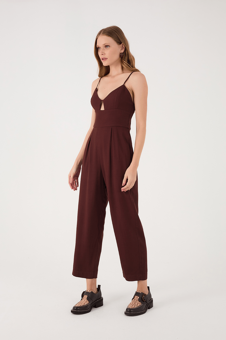 Brown Caffeine Sweetheart Neck Smocked Side Sleeveless Jumpsuit