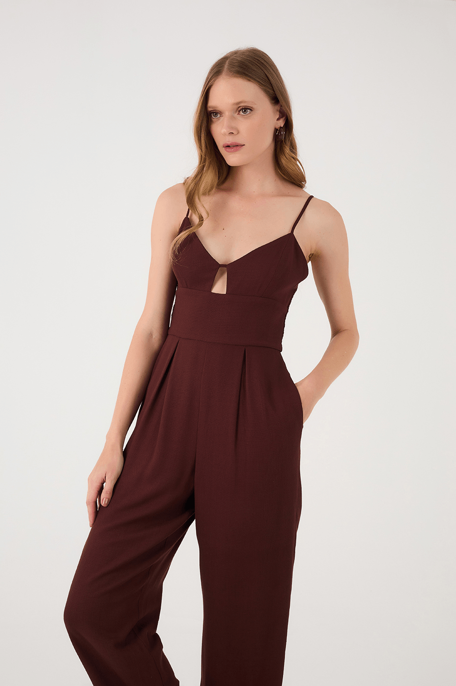 Brown Caffeine Sweetheart Neck Smocked Side Sleeveless Jumpsuit
