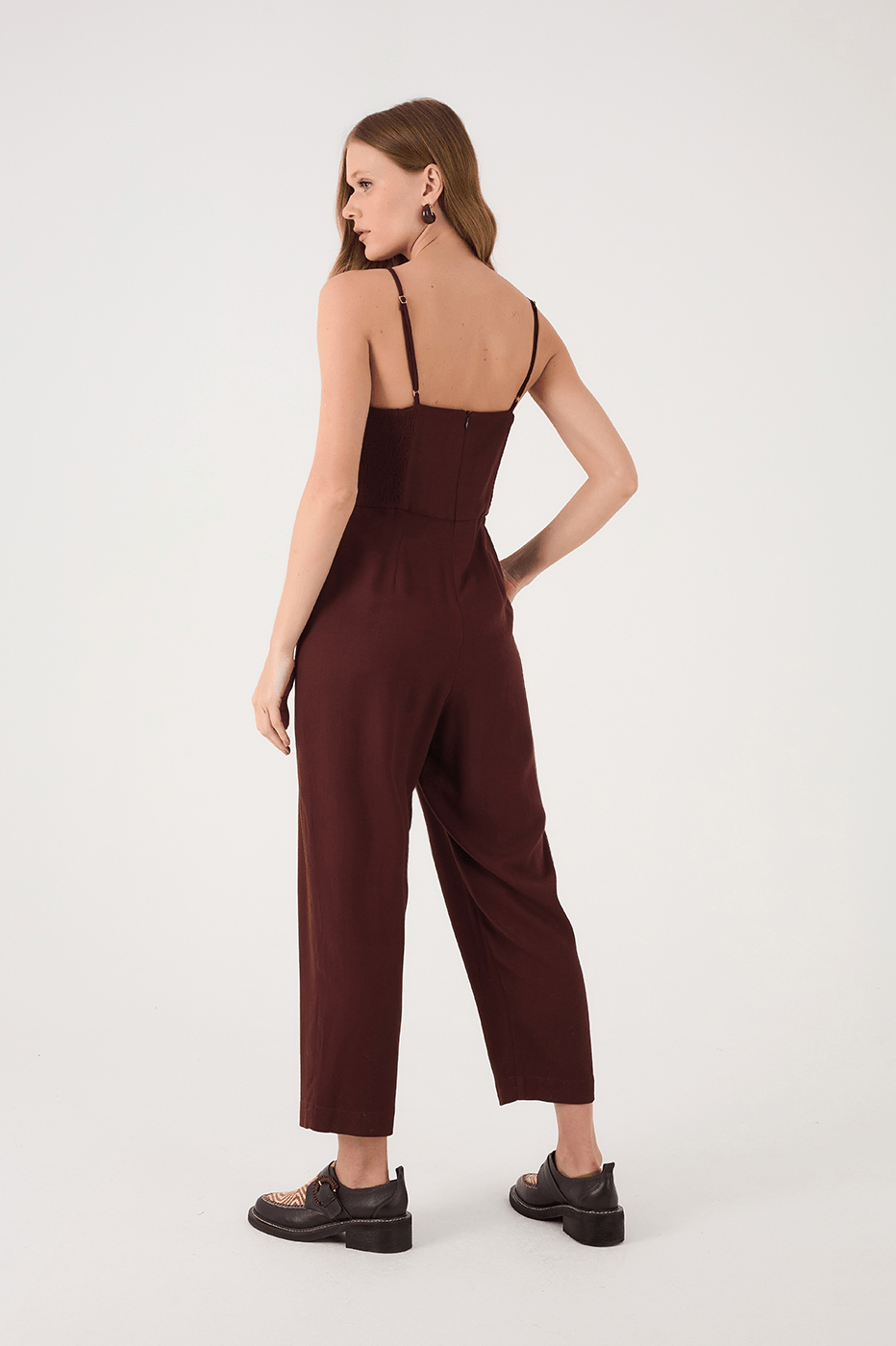 Brown Caffeine Sweetheart Neck Smocked Side Sleeveless Jumpsuit