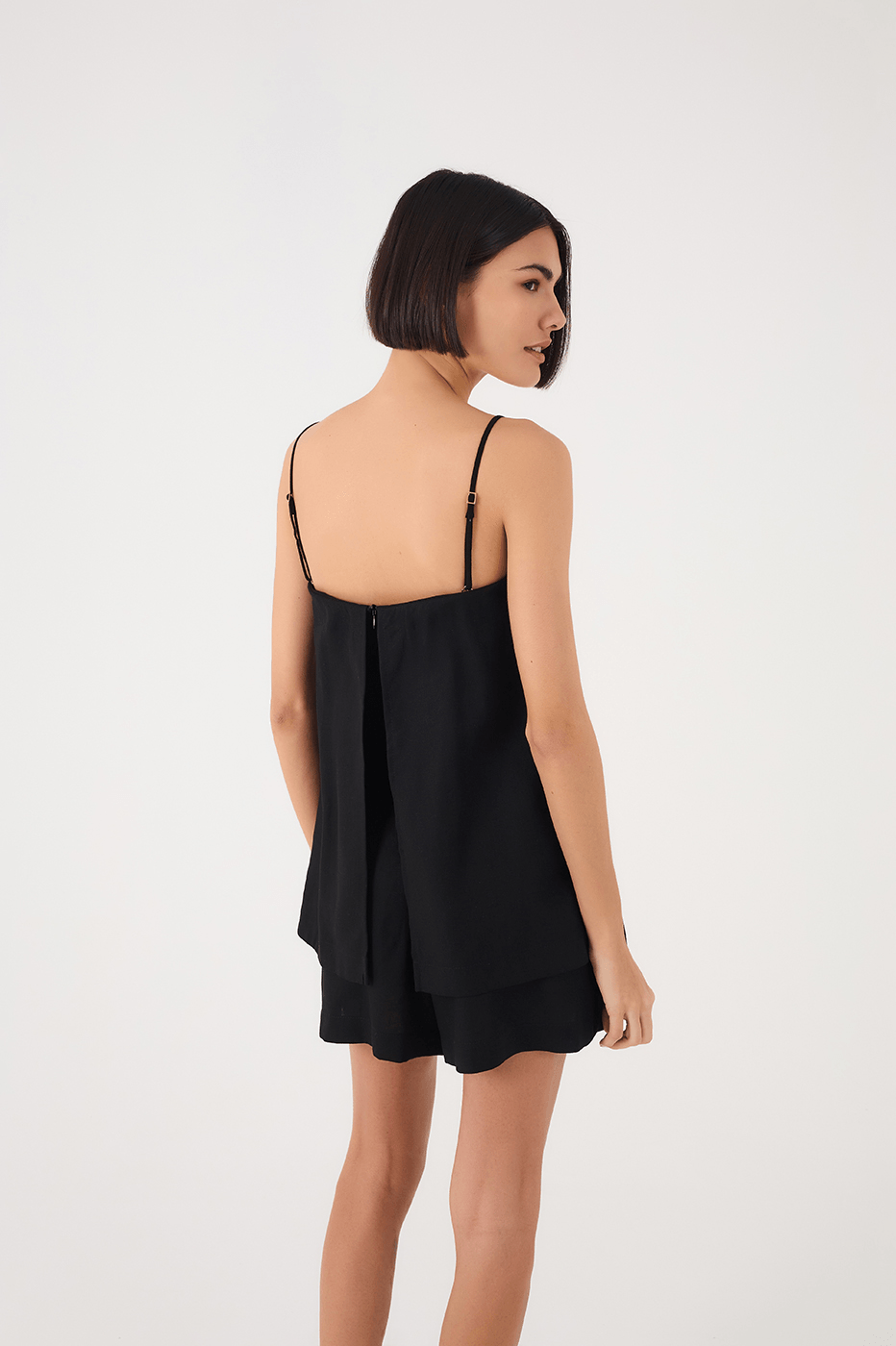 Black Removable Straps Layered Linen Romper