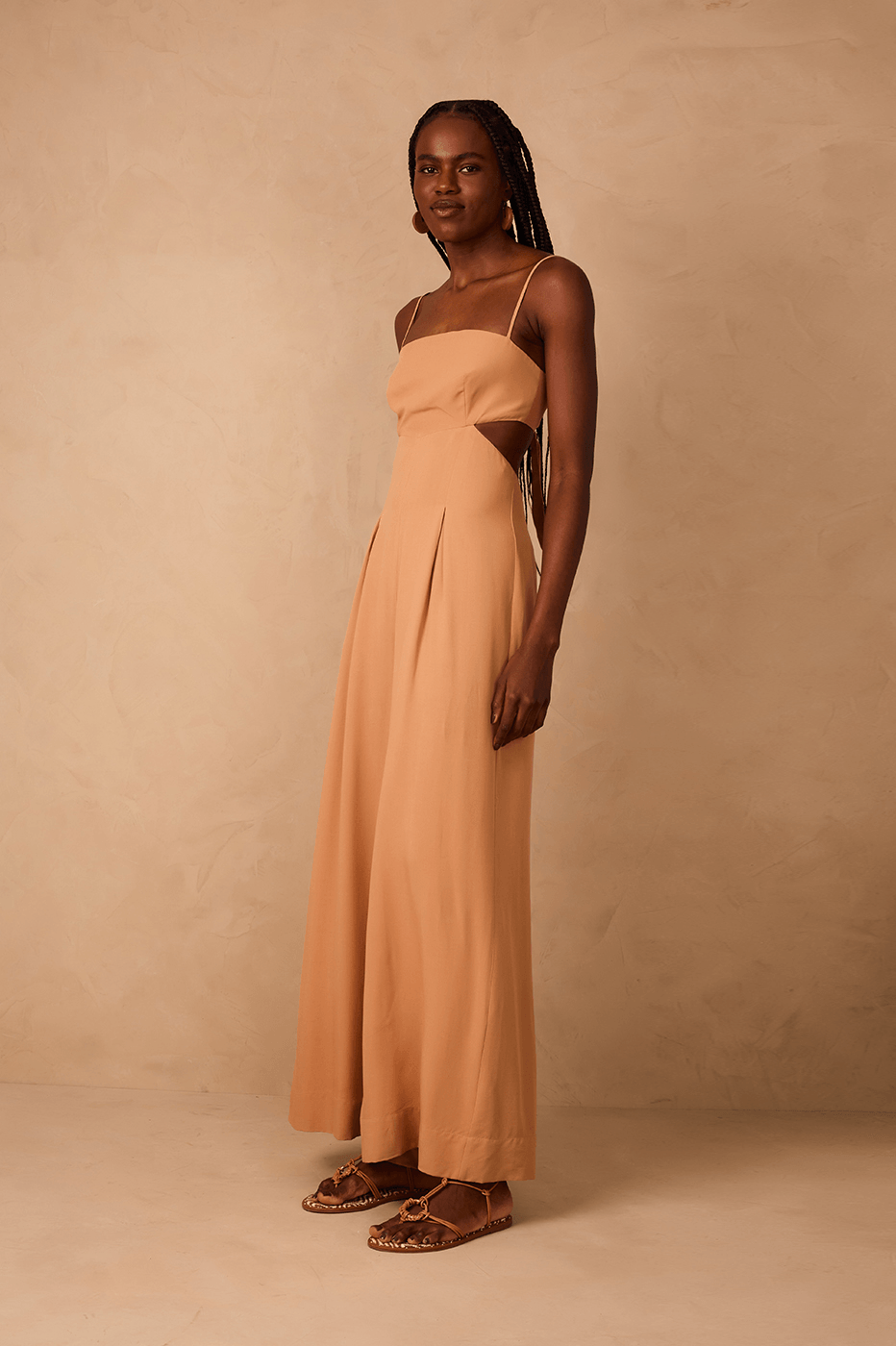Beige Leme Cut-Out Sleeveless Pleats Back Ties Jumpsuit