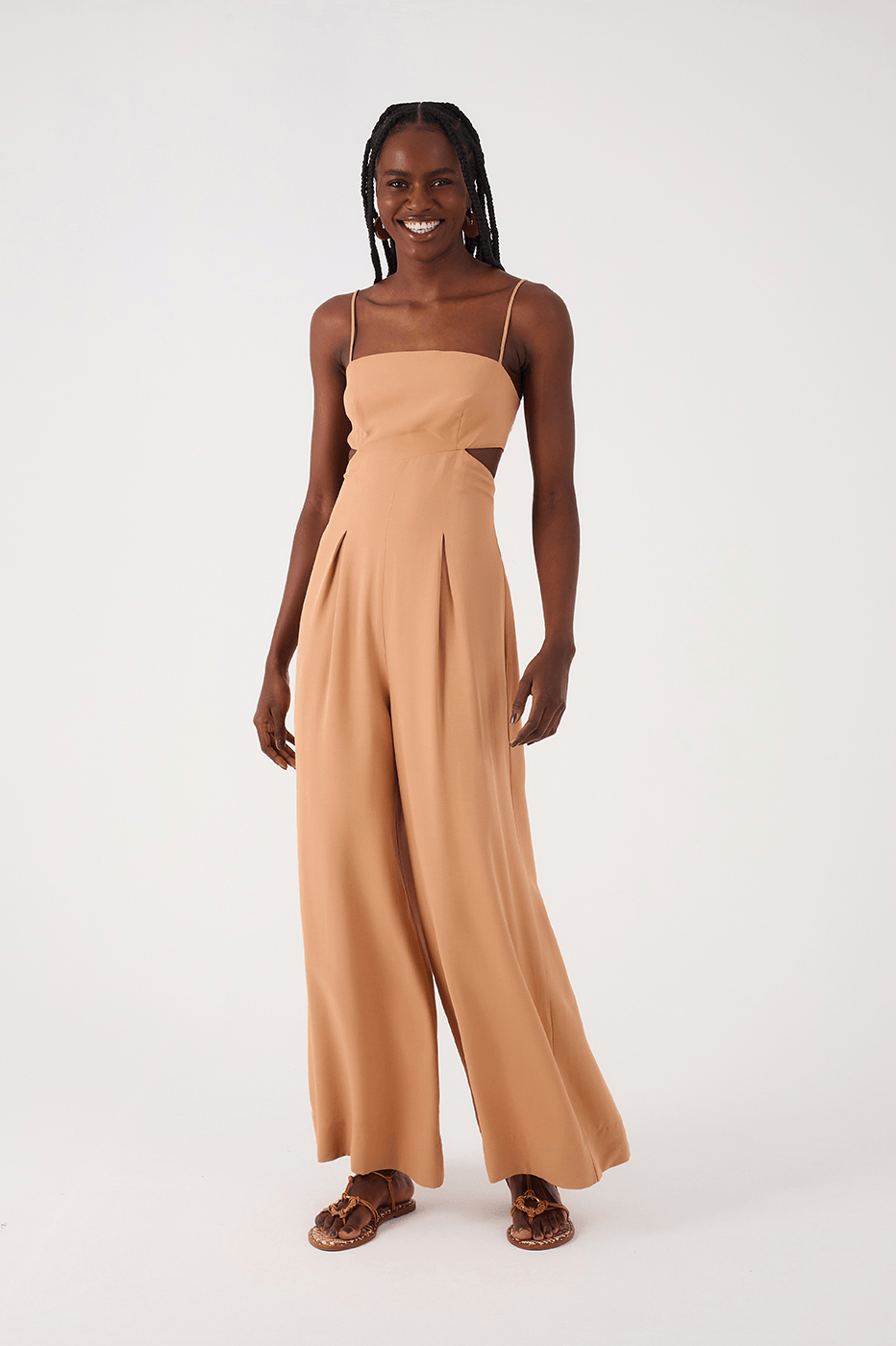 Beige Leme Cut-Out Sleeveless Pleats Back Ties Jumpsuit