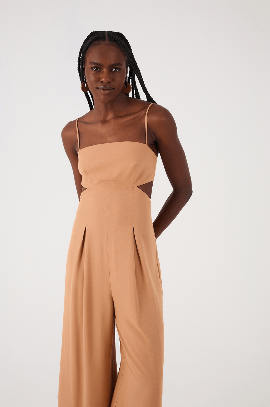 Beige Leme Cut-Out Sleeveless Pleats Back Ties Jumpsuit
