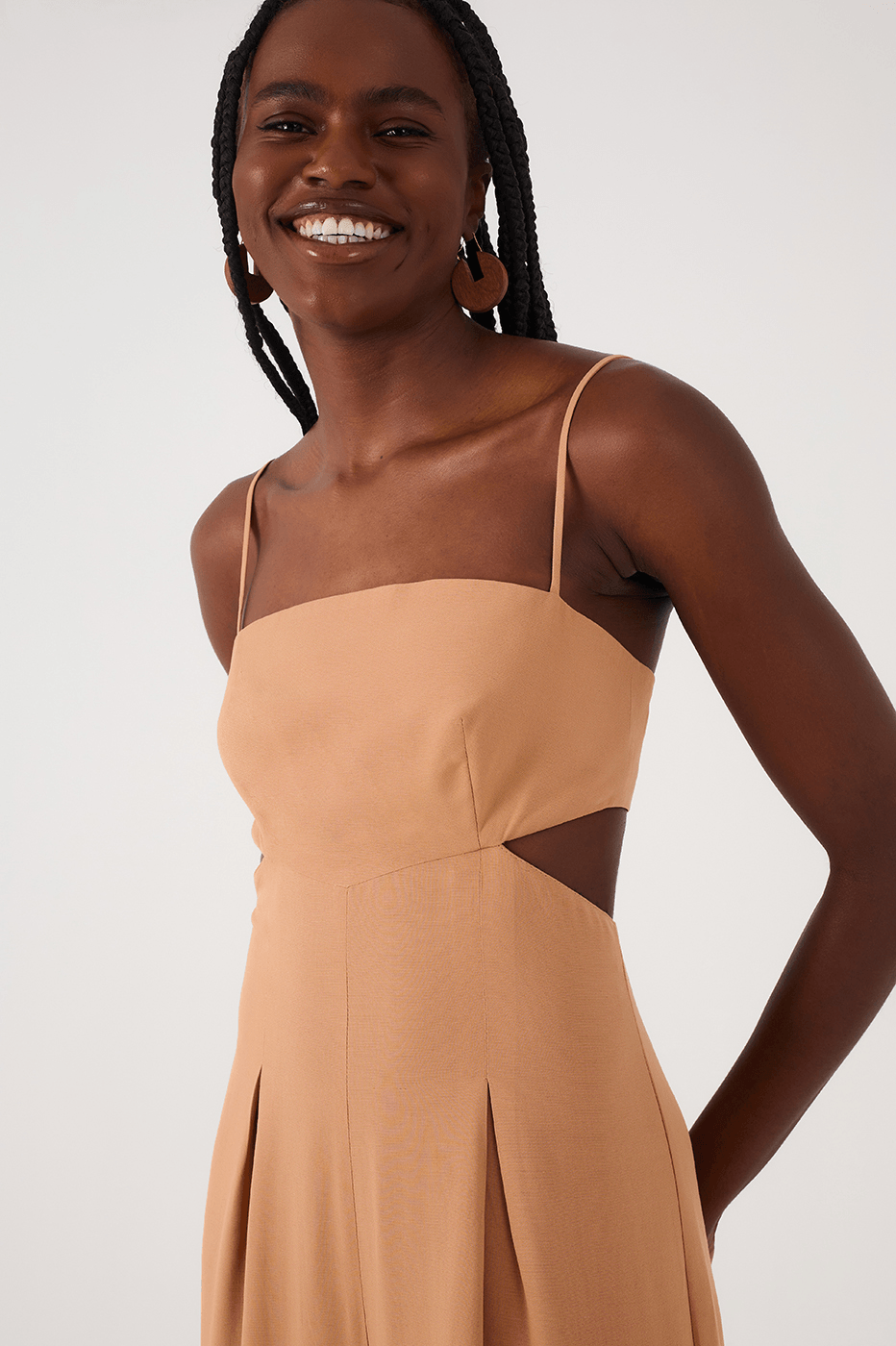 Beige Leme Cut-Out Sleeveless Pleats Back Ties Jumpsuit