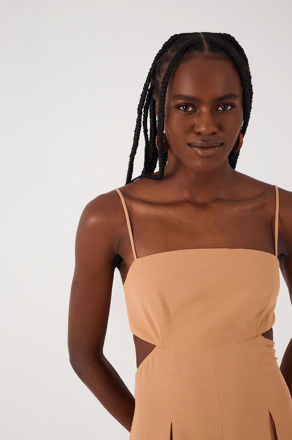 Beige Leme Cut-Out Sleeveless Pleats Back Ties Jumpsuit