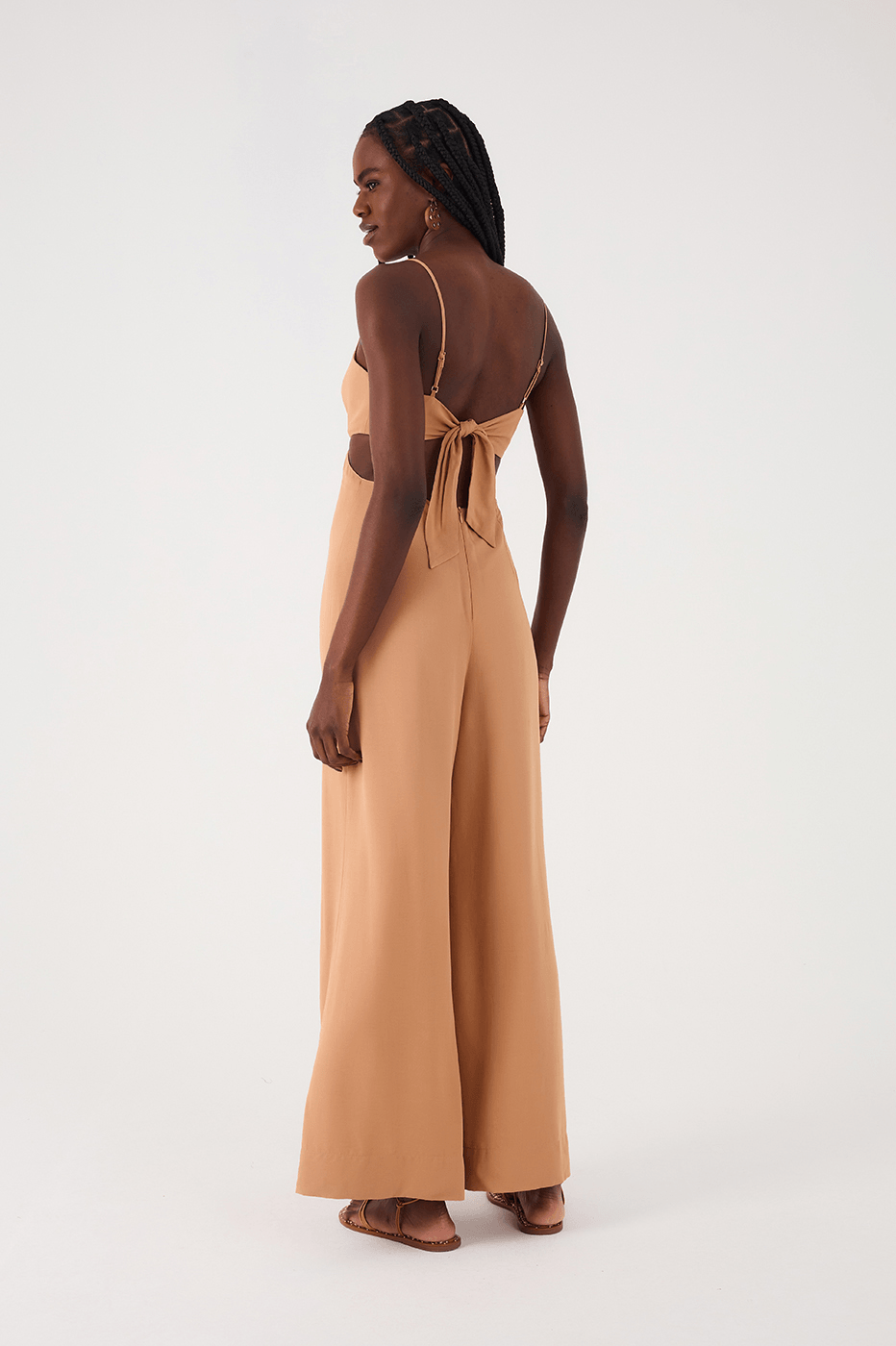 Beige Leme Cut-Out Sleeveless Pleats Back Ties Jumpsuit