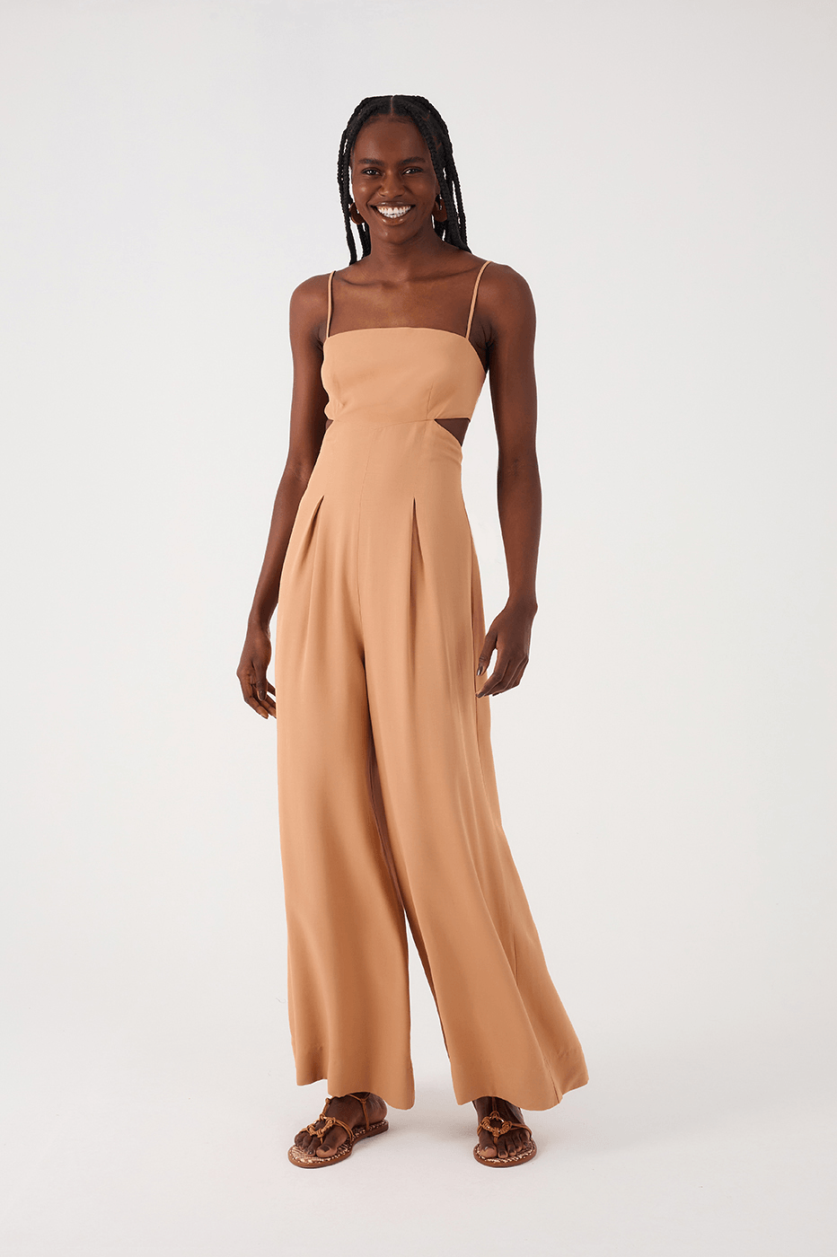 Beige Leme Cut-Out Sleeveless Pleats Back Ties Jumpsuit