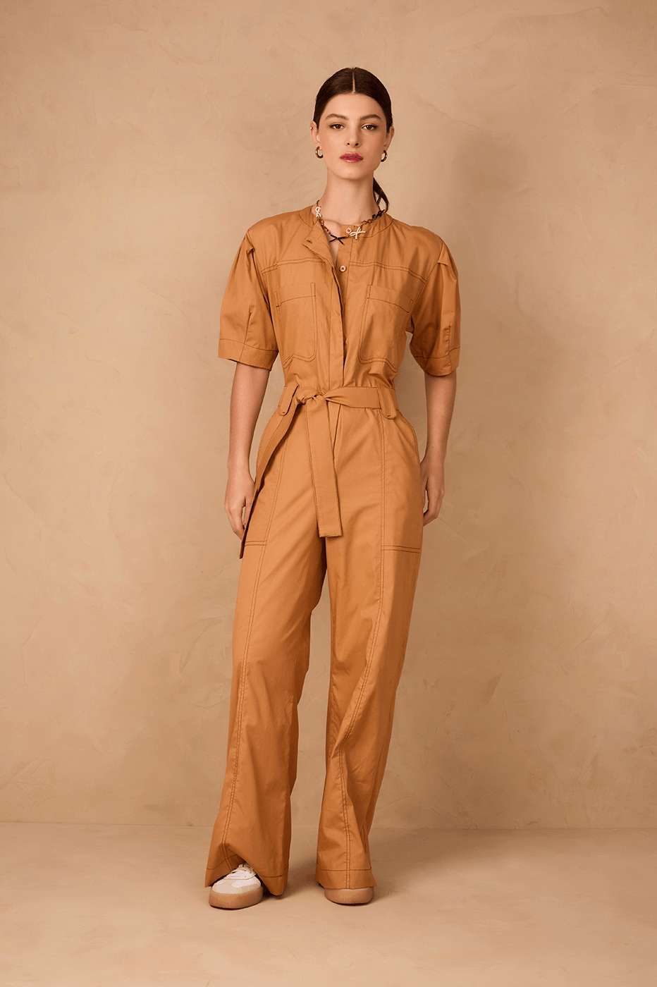 Beige Leme Buttoned Belted Short Sleeve Pockets Jumpsuit