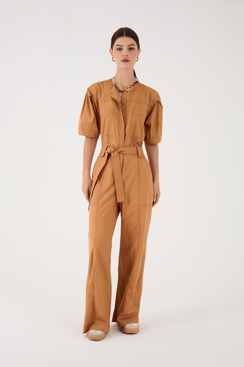 Beige Leme Buttoned Belted Short Sleeve Pockets Jumpsuit